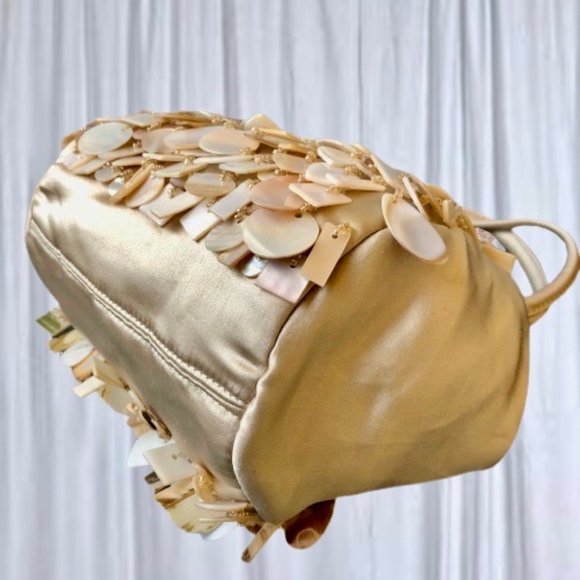 Evening Satchel Handbag Dangling Shell Beads Vintage Double Handles - Picture 7 of 11